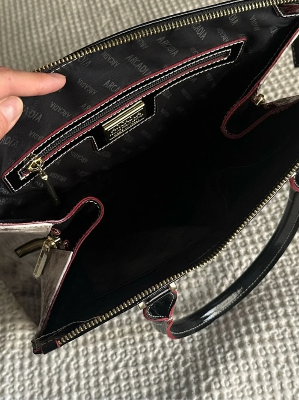 Arcadia Black Patent Satchel with PinkTrim